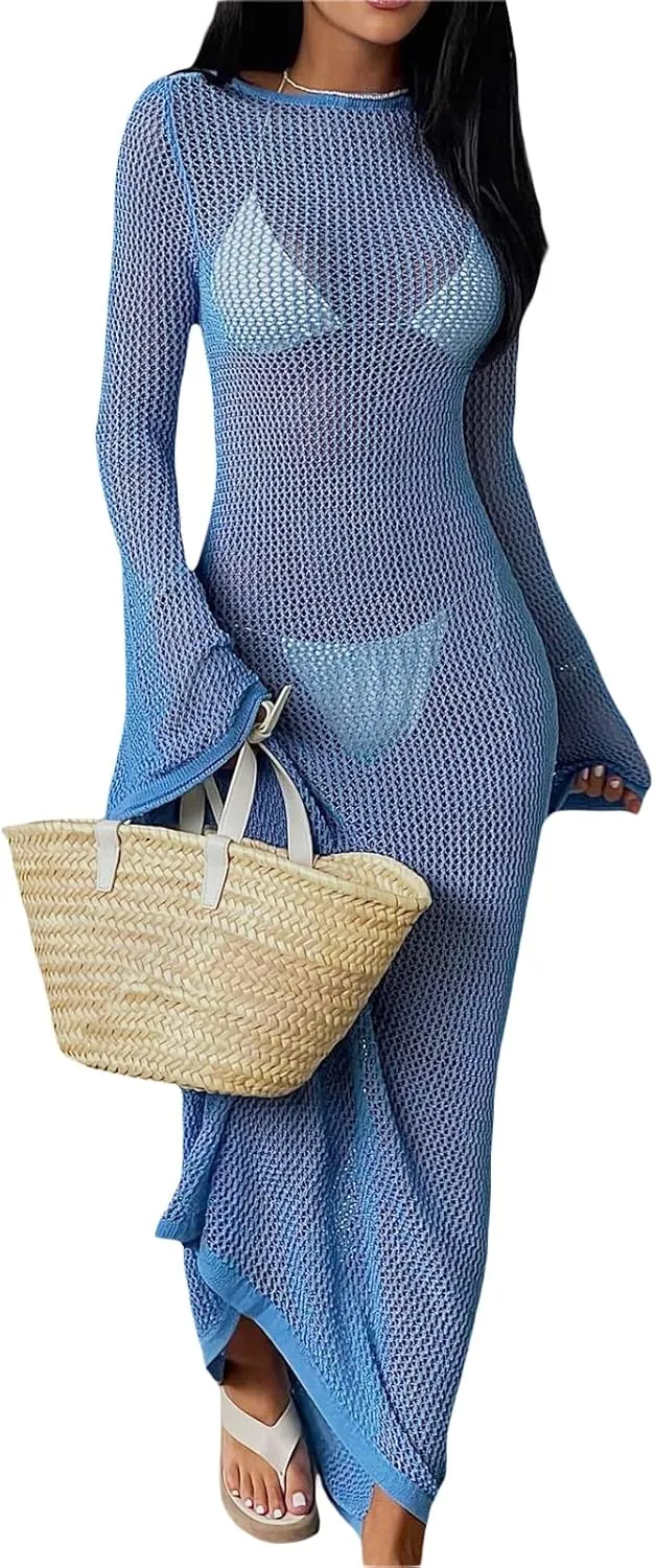 NUFIWI Women Crochet Swimsuit Cover Up Flare Sleeve Hollow Out Bathing Suit Maxi Dress Backless Bikini Long Beach Dress