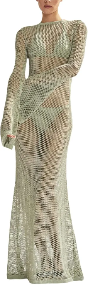 NUFIWI Women Crochet Swimsuit Cover Up Flare Sleeve Hollow Out Bathing Suit Maxi Dress Backless Bikini Long Beach Dress