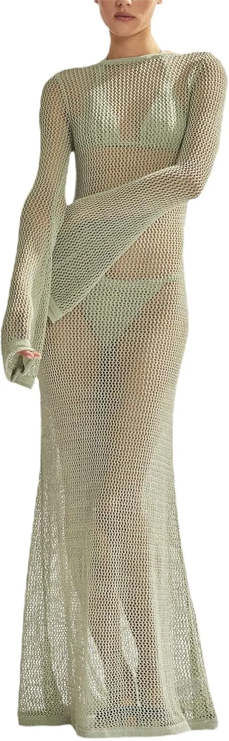 NUFIWI Women Crochet Swimsuit Cover Up Flare Sleeve Hollow Out Bathing Suit Maxi Dress Backless Bikini Long Beach Dress