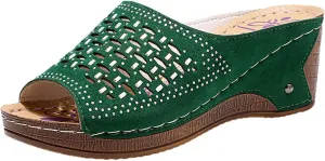 oiangi Womens Rhinestone Studded Wedge Sandals Comfortable Mesh Hollow Fish Mouth Open Toe Platform Slip-on Slippers Summer Trendy Casual Solid Shoes