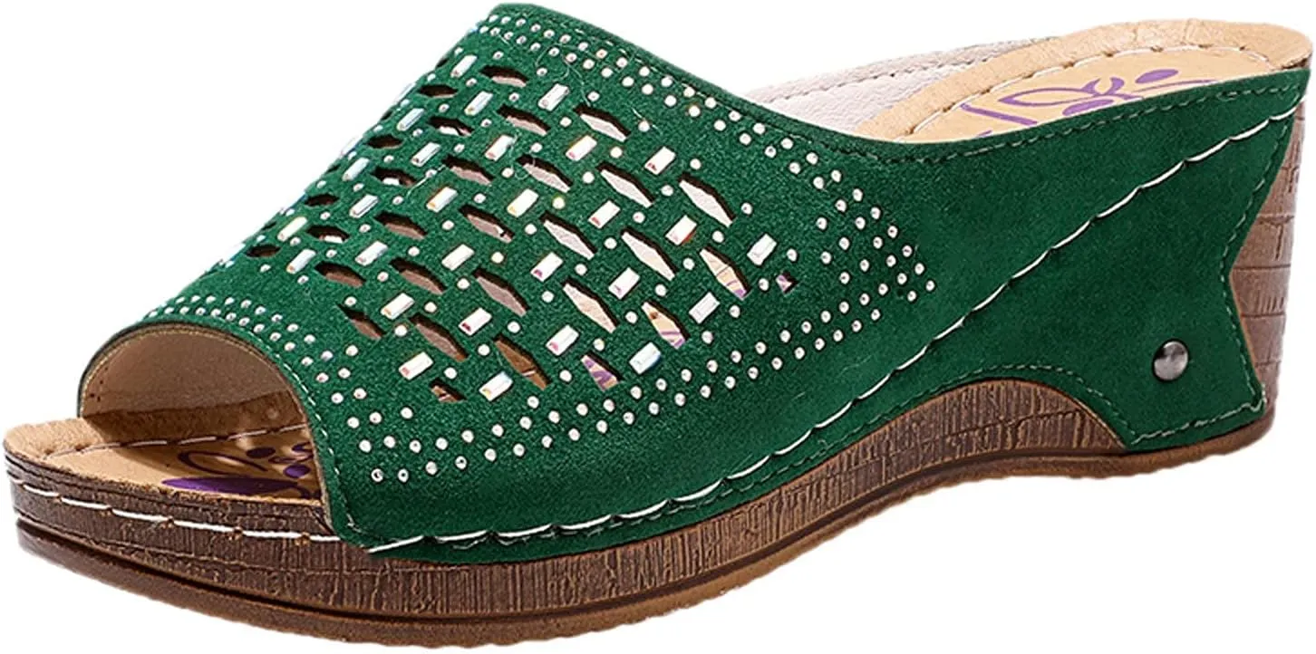 oiangi Womens Rhinestone Studded Wedge Sandals Comfortable Mesh Hollow Fish Mouth Open Toe Platform Slip-on Slippers Summer Trendy Casual Solid Shoes