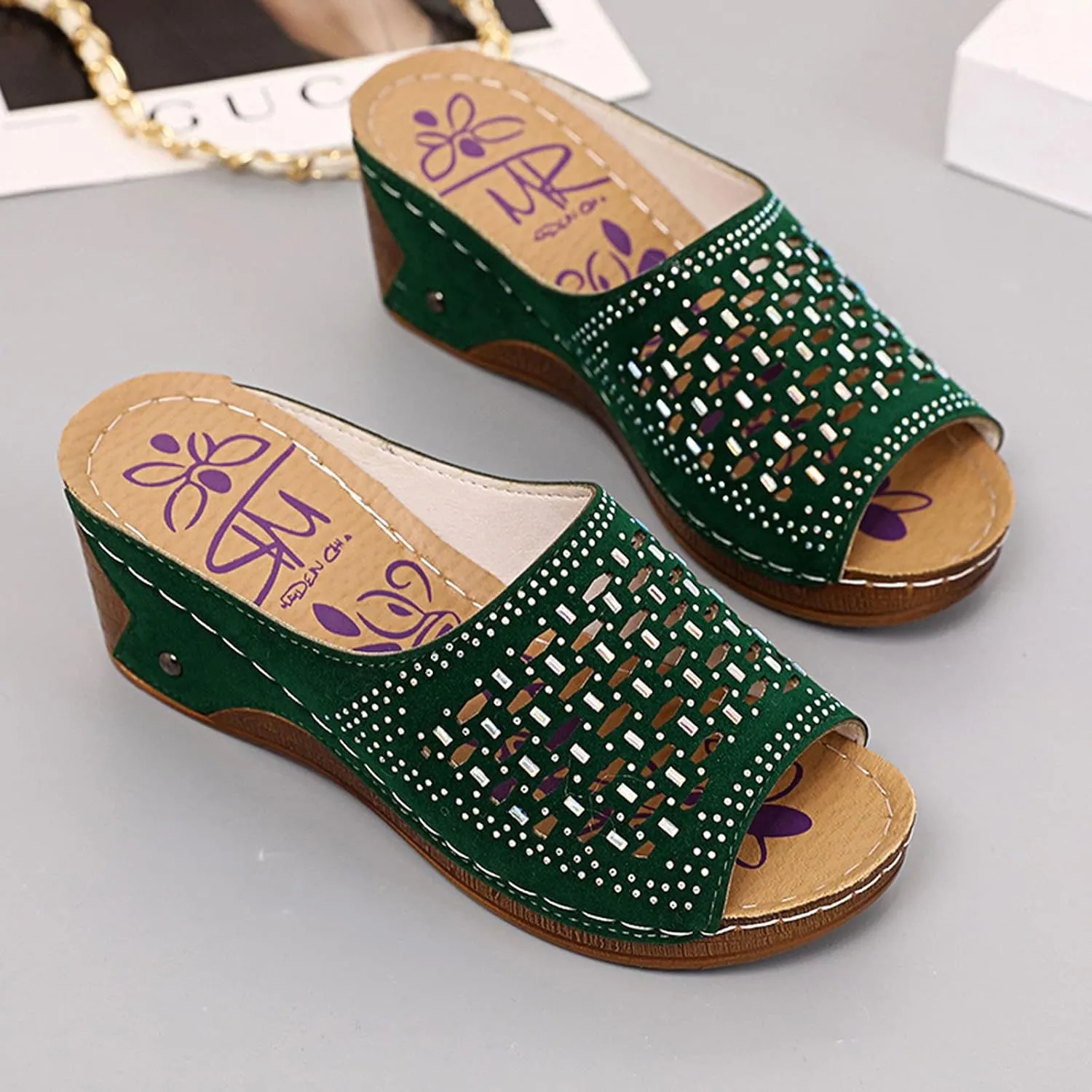 oiangi Womens Rhinestone Studded Wedge Sandals Comfortable Mesh Hollow Fish Mouth Open Toe Platform Slip-on Slippers Summer Trendy Casual Solid Shoes