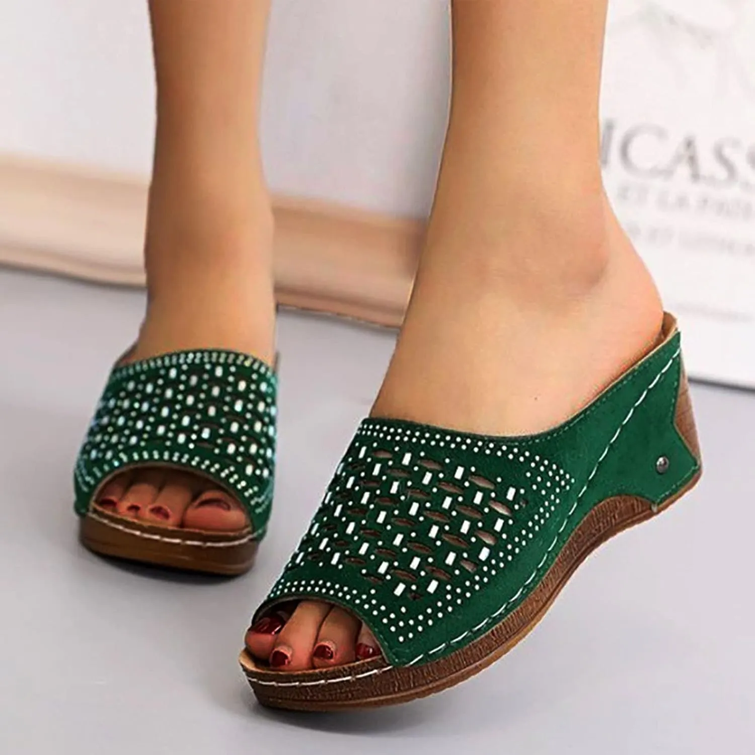 oiangi Womens Rhinestone Studded Wedge Sandals Comfortable Mesh Hollow Fish Mouth Open Toe Platform Slip-on Slippers Summer Trendy Casual Solid Shoes