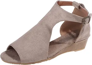 oiangi Womens Wedge Sandals Casual Summer Fish Mouth Open Toe Buckle Hollow Leopard Print Flats Plus Size Comfortable Ladies Outdoor Shoes Sandalias