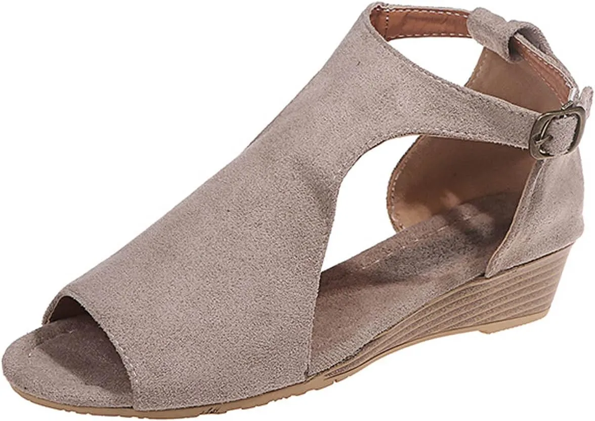 oiangi Womens Wedge Sandals Casual Summer Fish Mouth Open Toe Buckle Hollow Leopard Print Flats Plus Size Comfortable Ladies Outdoor Shoes Sandalias