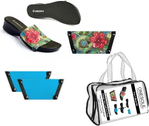 Onesole Leisure Black Travel Kit, Women’s Low Heel Wedge Sandals, Comfy Black Slip On Shoe with Two Sets of Tops in Solid Teal and Floral Print, for Dress and Casual, (Size 8)