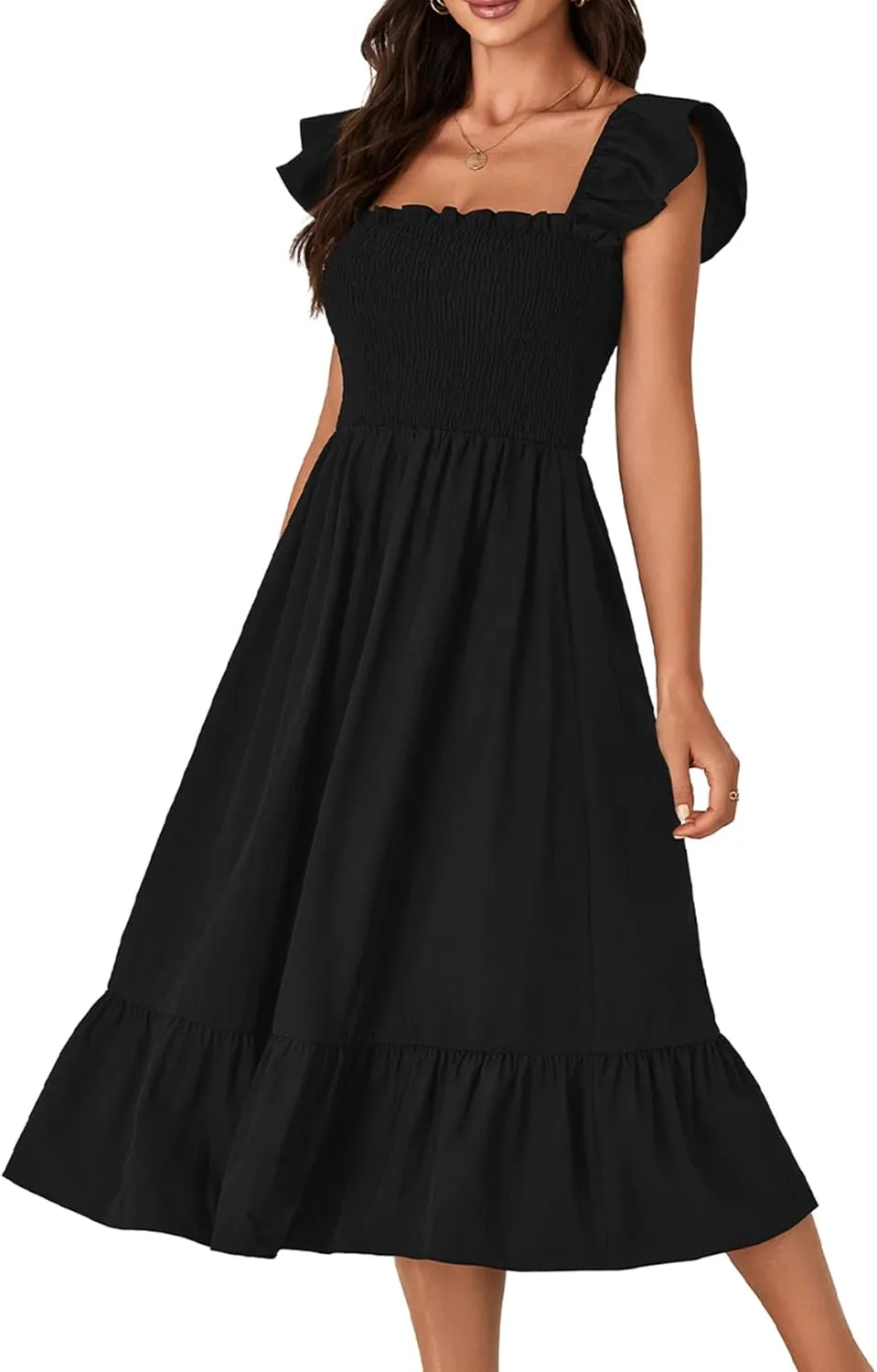 OPOIPIN Women's Square Neck Smocked Ruffle Sleeveless Sundress Tiered A Line Midi Dress