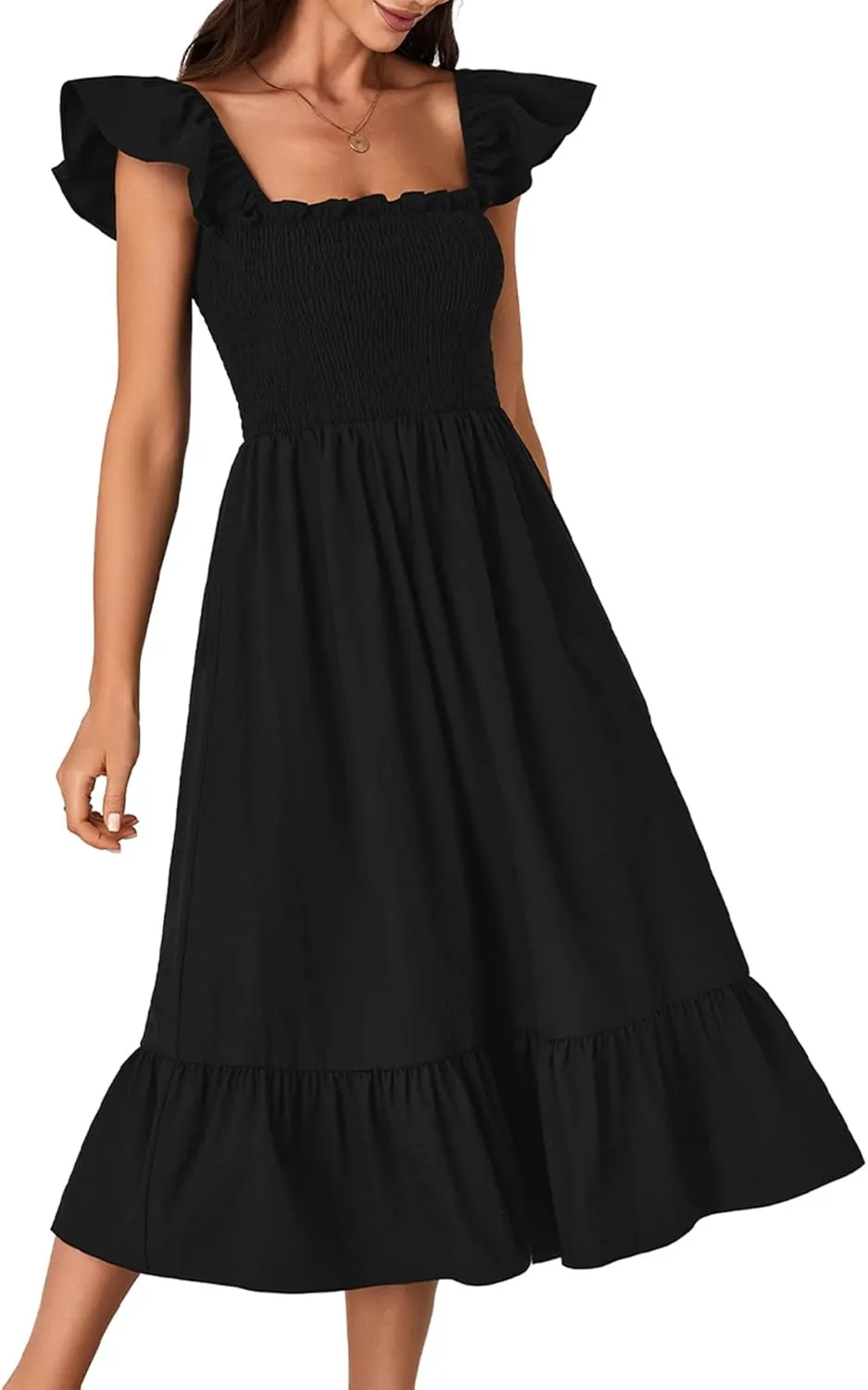 OPOIPIN Women's Square Neck Smocked Ruffle Sleeveless Sundress Tiered A Line Midi Dress