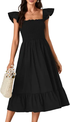 OPOIPIN Women's Square Neck Smocked Ruffle Sleeveless Sundress Tiered A Line Midi Dress