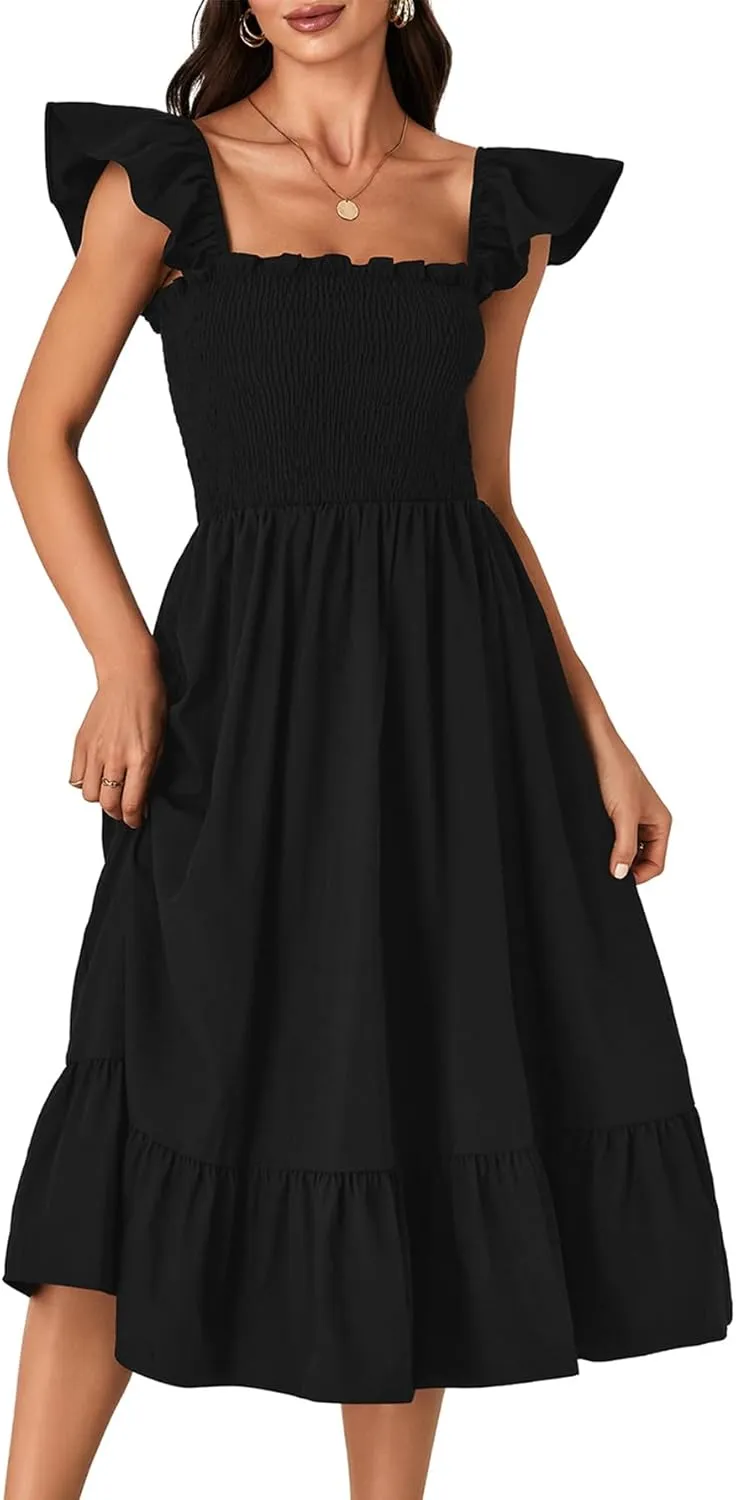 OPOIPIN Women's Square Neck Smocked Ruffle Sleeveless Sundress Tiered A Line Midi Dress
