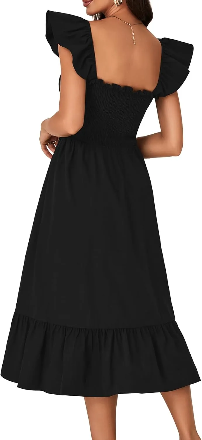 OPOIPIN Women's Square Neck Smocked Ruffle Sleeveless Sundress Tiered A Line Midi Dress