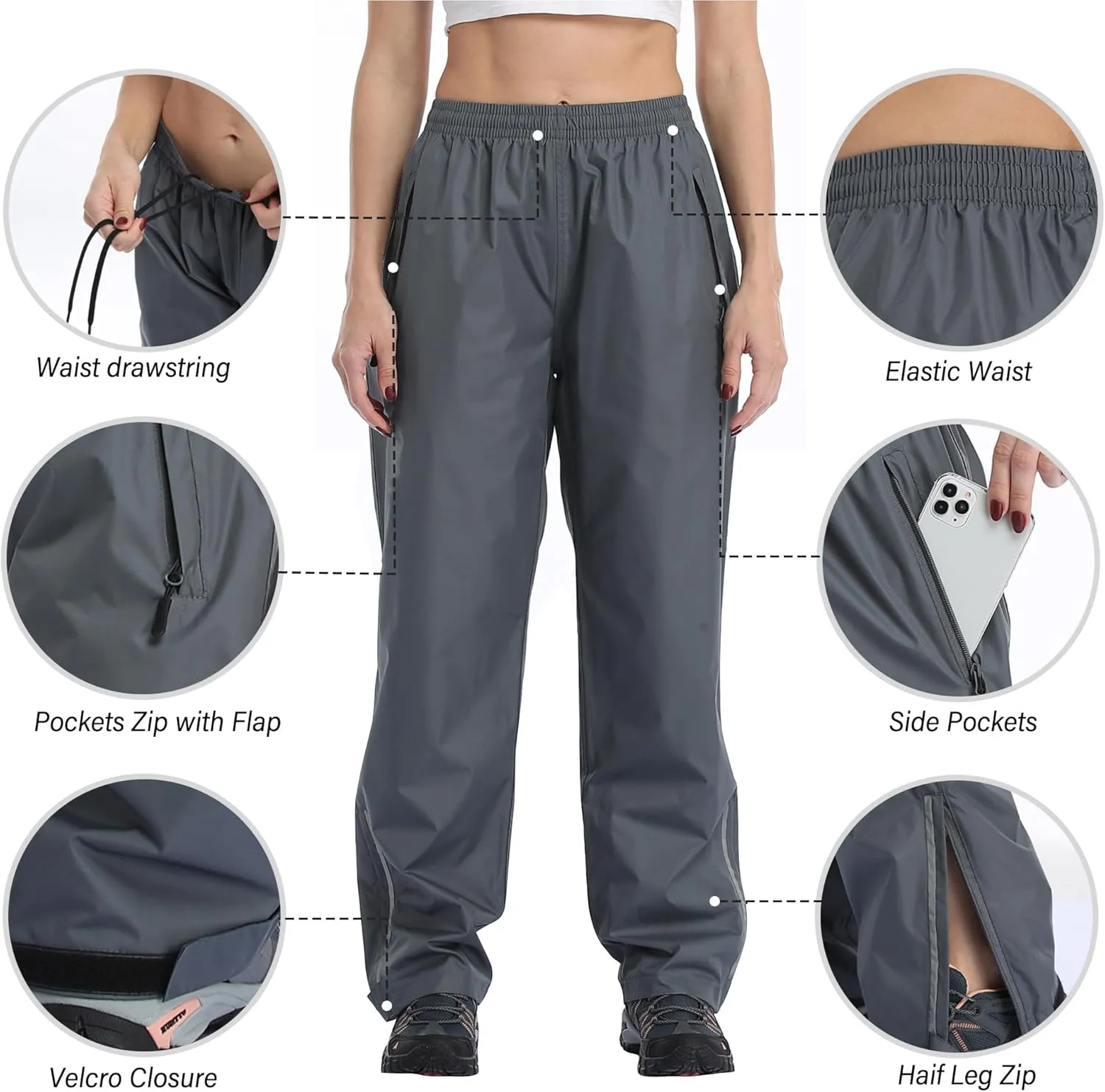Ourcan Rain Pants Women Waterproof Pants Lightweight Breathable Hiking Cycling Outdoor with Pocket