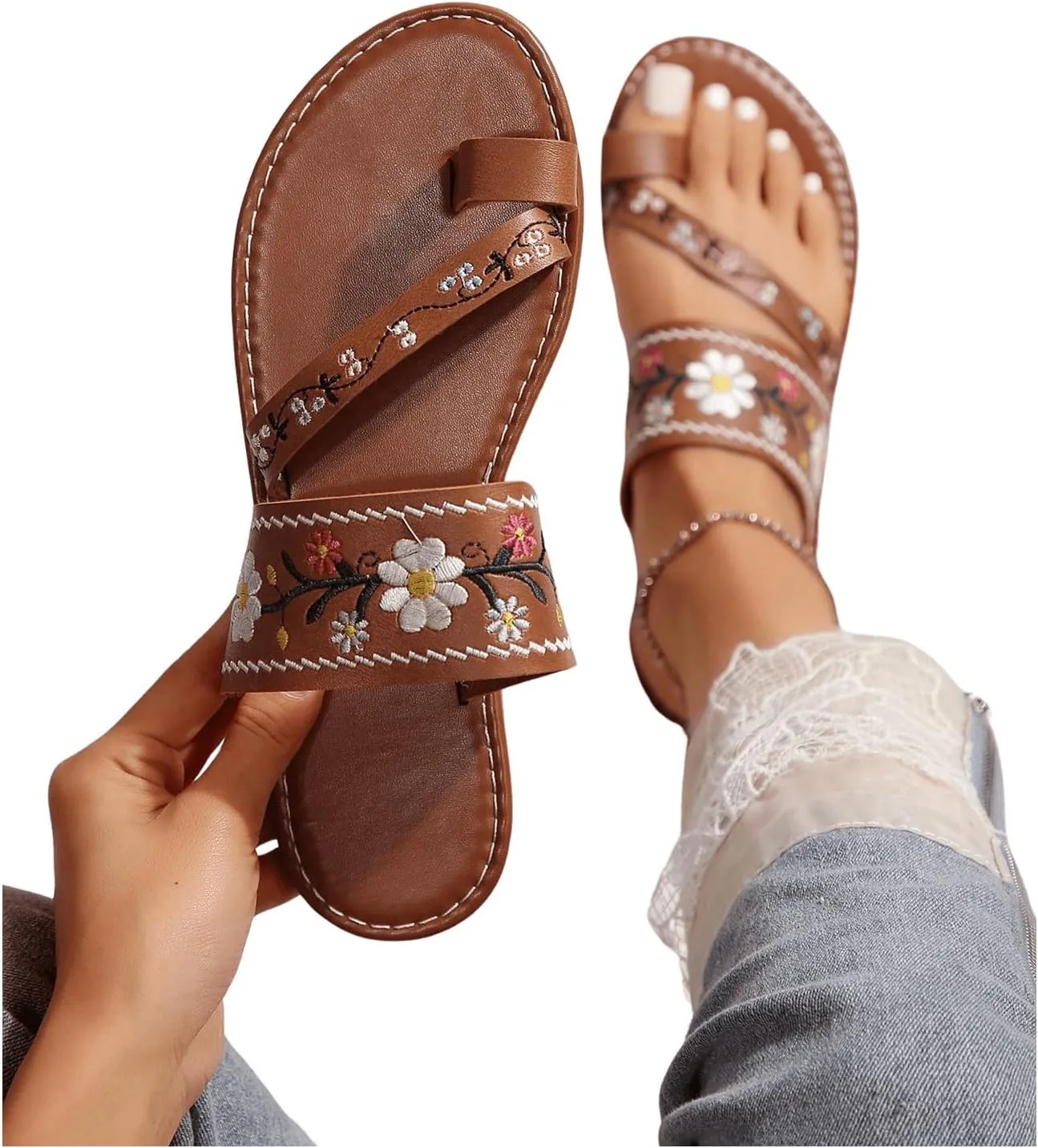 OYOANGLE Women's Boho Floral Embroidered Flat Sandals Toe Ring Leather Flip Flops Vacation Beach Thong Sandals
