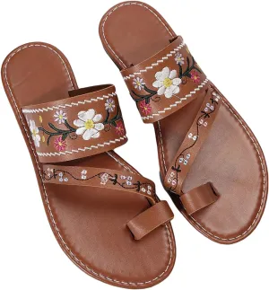 OYOANGLE Women's Boho Floral Embroidered Flat Sandals Toe Ring Leather Flip Flops Vacation Beach Thong Sandals