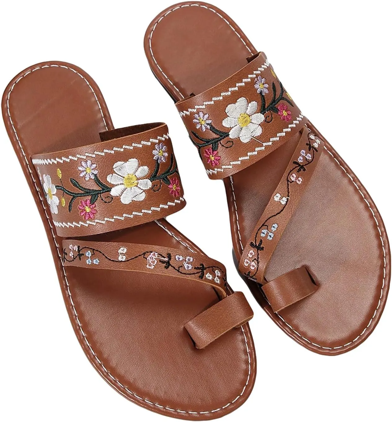 OYOANGLE Women's Boho Floral Embroidered Flat Sandals Toe Ring Leather Flip Flops Vacation Beach Thong Sandals