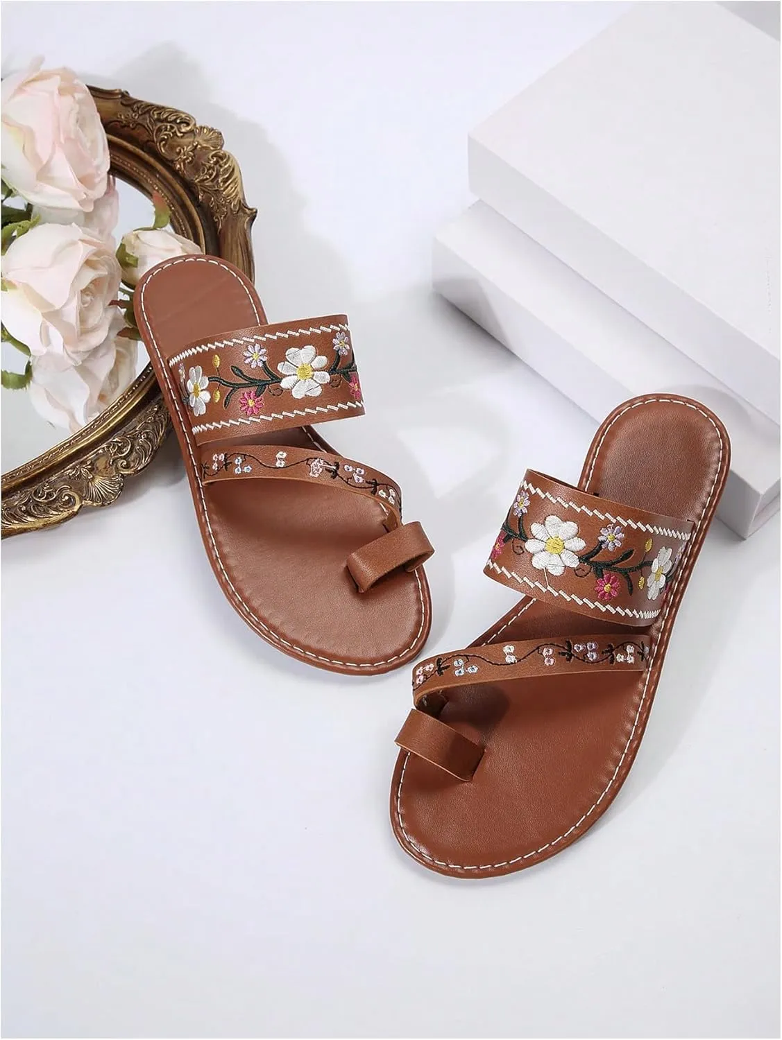 OYOANGLE Women's Boho Floral Embroidered Flat Sandals Toe Ring Leather Flip Flops Vacation Beach Thong Sandals
