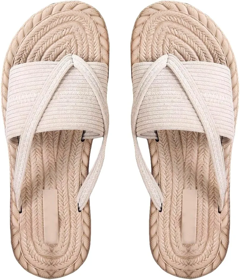 OYOANGLE Women's Corduroy Toe Post Single Band Thong Sandals Vacation Beach Casual Bohemian Flip Flops