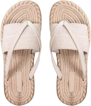 OYOANGLE Women's Corduroy Toe Post Single Band Thong Sandals Vacation Beach Casual Bohemian Flip Flops