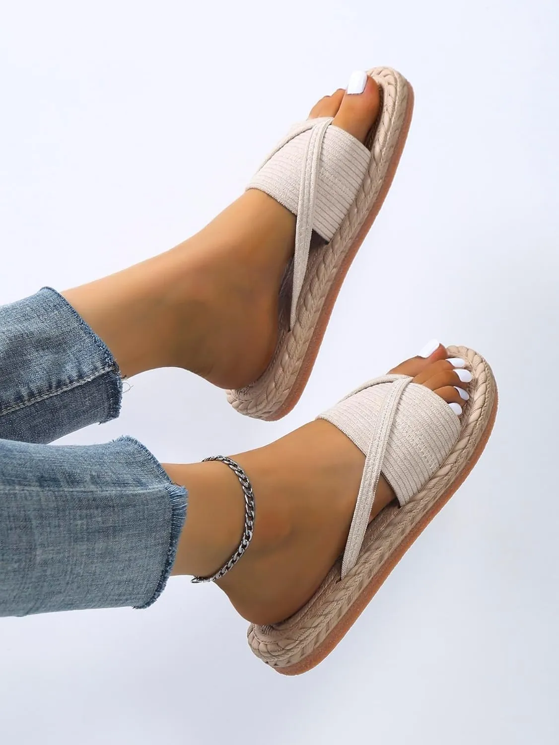 OYOANGLE Women's Corduroy Toe Post Single Band Thong Sandals Vacation Beach Casual Bohemian Flip Flops