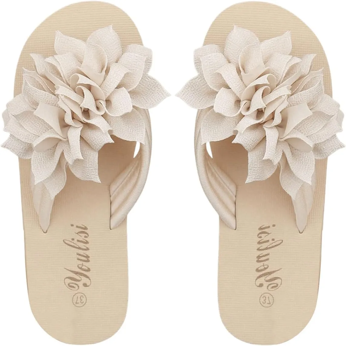 OYOANGLE Women's Flower Appliques Flip Flops Boho Open Toe Slip On Flat Sandals Beach Vacation Slippers