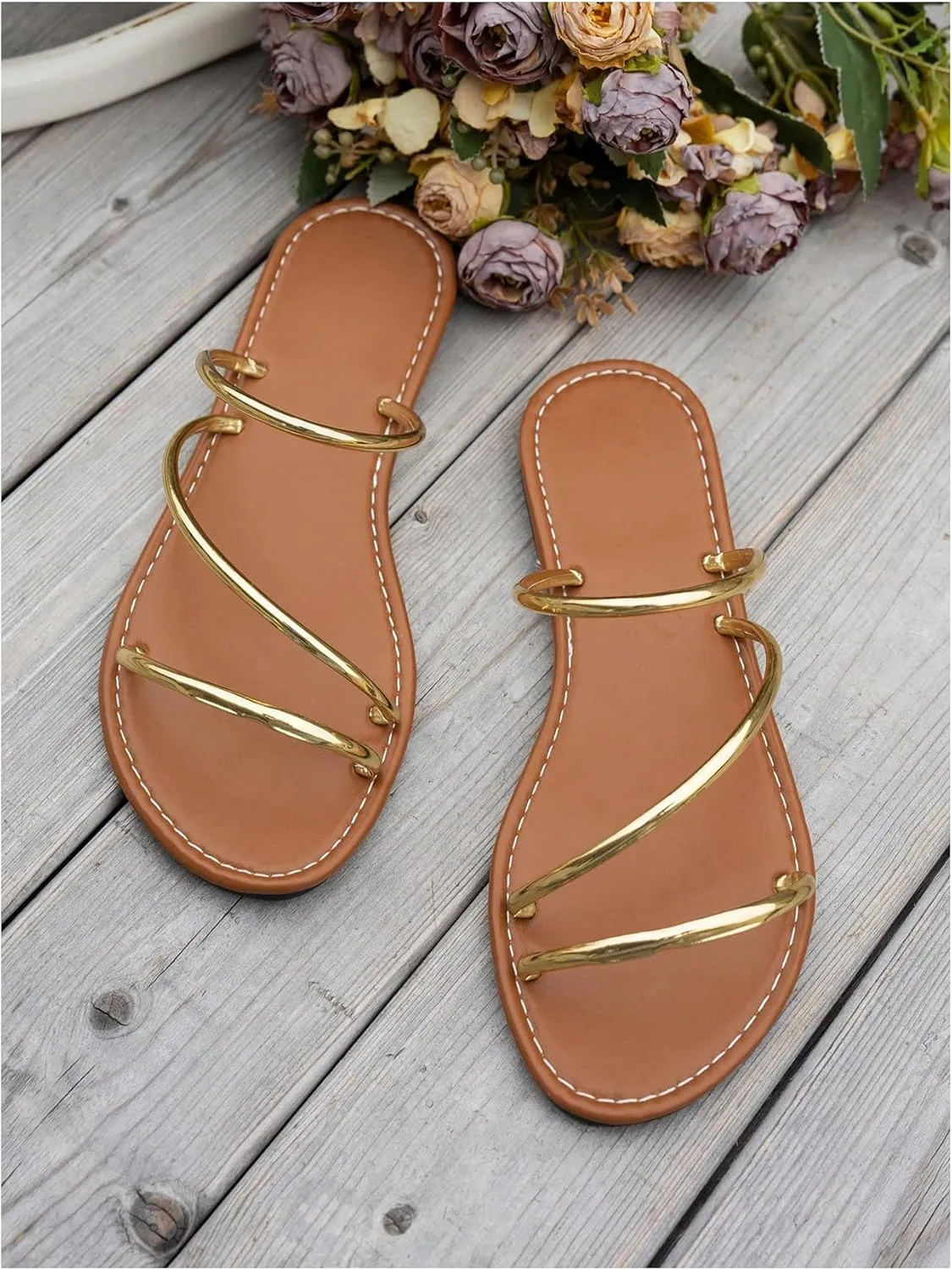 OYOANGLE Women's Metallic Strappy Flat Sandals Open Toe Slip on Vacation Dressy Slide Sandals