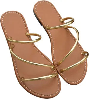 OYOANGLE Women's Metallic Strappy Flat Sandals Open Toe Slip on Vacation Dressy Slide Sandals