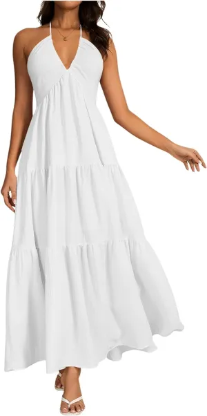 OYOANGLE Women's V Neck Tie Backless Halter Dress Ruched Flowy Vacation Maxi Dresses