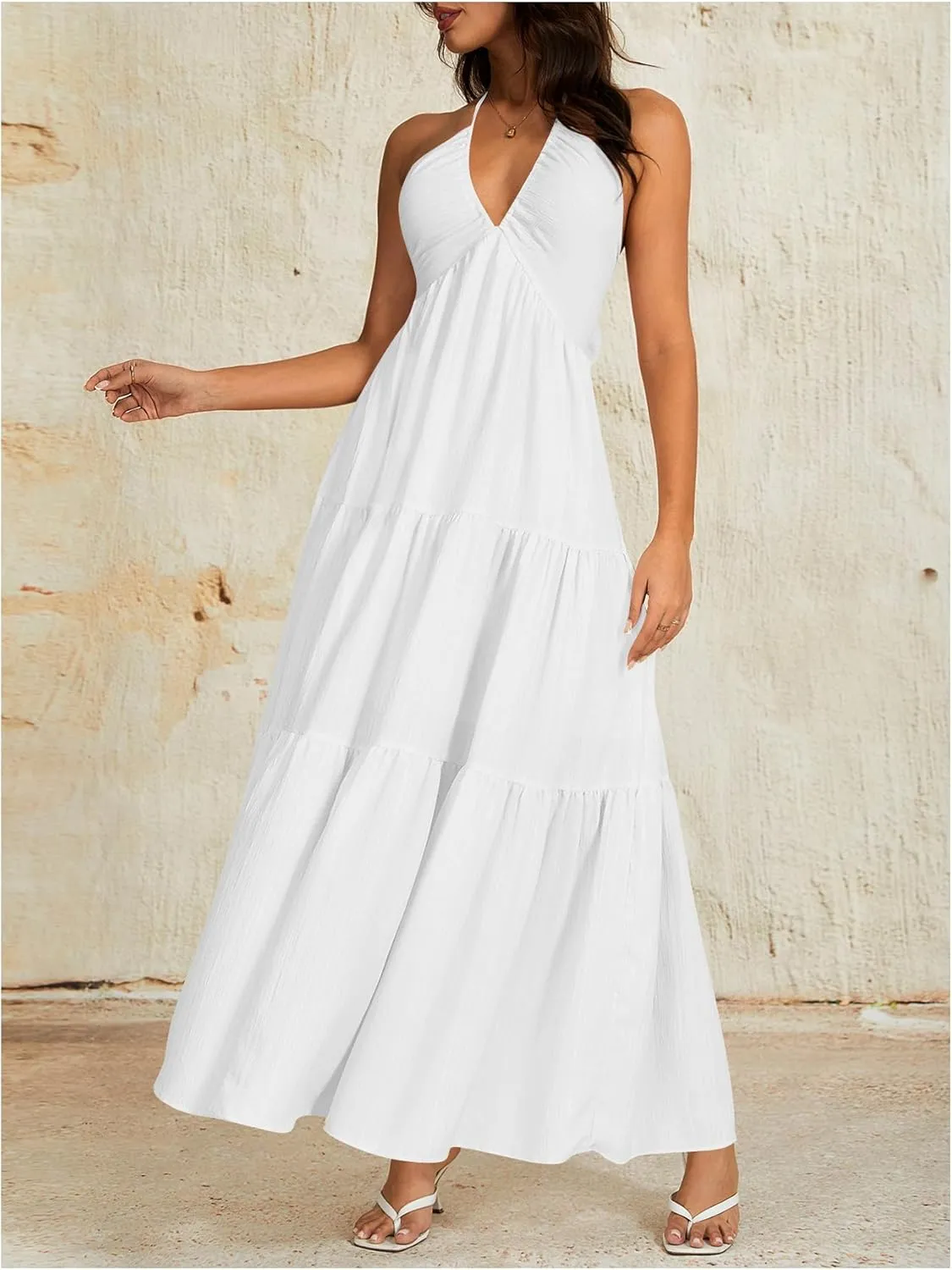OYOANGLE Women's V Neck Tie Backless Halter Dress Ruched Flowy Vacation Maxi Dresses