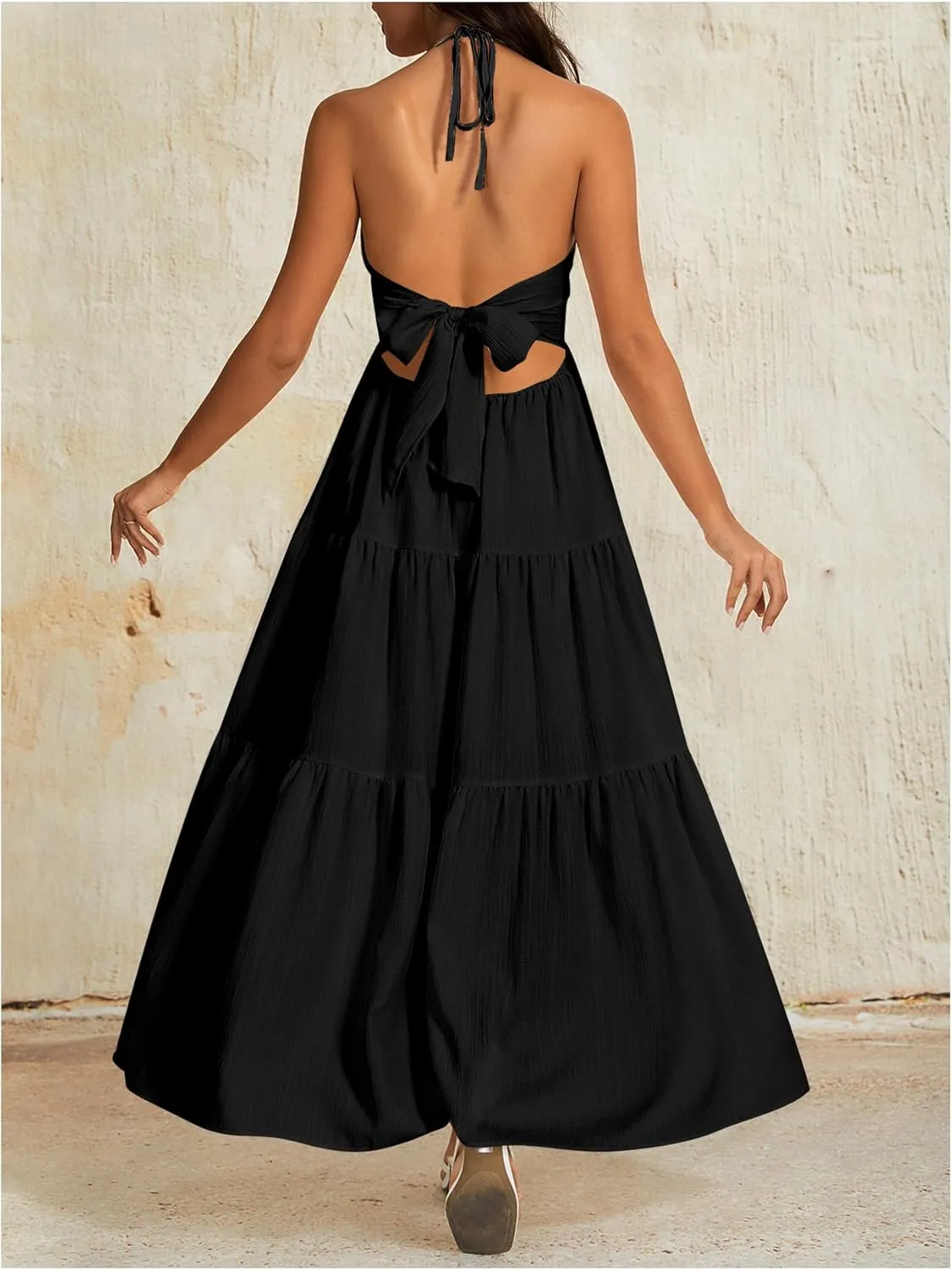 OYOANGLE Women's V Neck Tie Backless Halter Dress Ruched Flowy Vacation Maxi Dresses