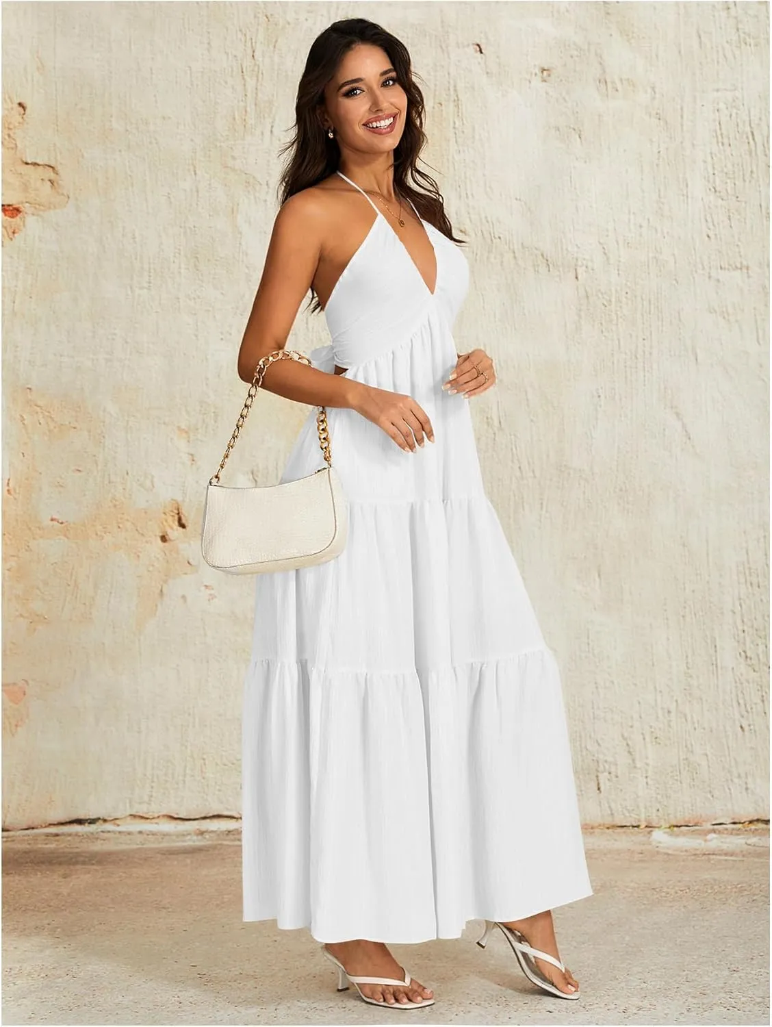 OYOANGLE Women's V Neck Tie Backless Halter Dress Ruched Flowy Vacation Maxi Dresses