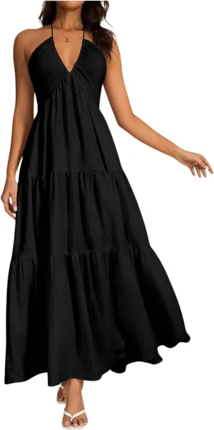 OYOANGLE Women's V Neck Tie Backless Halter Dress Ruched Flowy Vacation Maxi Dresses