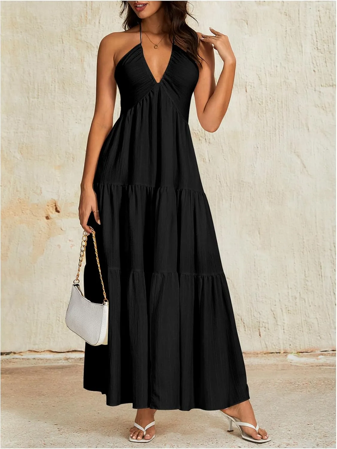 OYOANGLE Women's V Neck Tie Backless Halter Dress Ruched Flowy Vacation Maxi Dresses