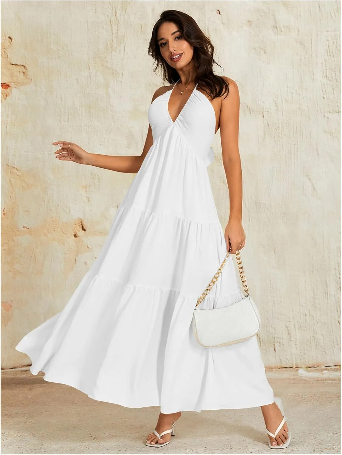 OYOANGLE Women's V Neck Tie Backless Halter Dress Ruched Flowy Vacation Maxi Dresses