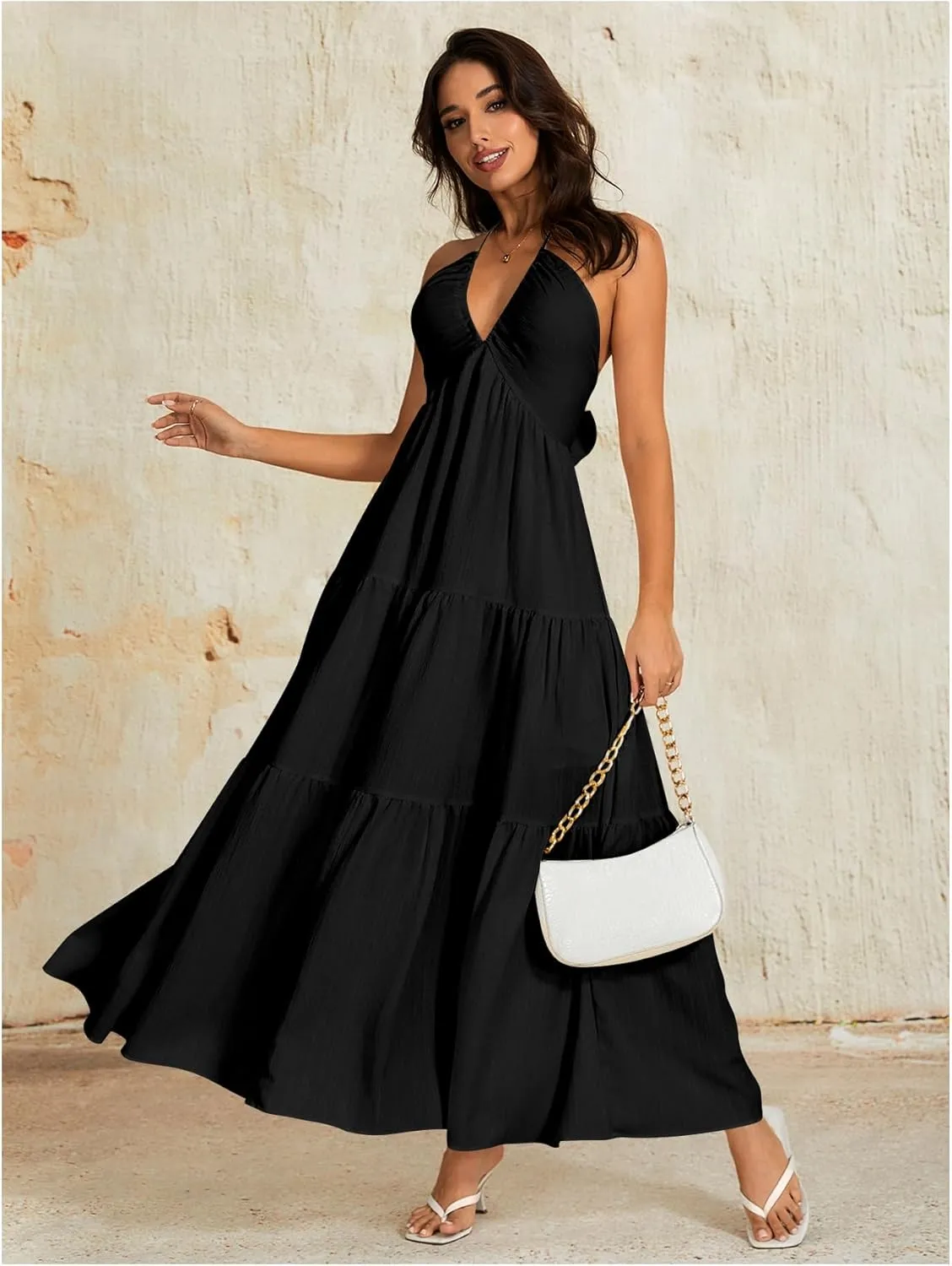 OYOANGLE Women's V Neck Tie Backless Halter Dress Ruched Flowy Vacation Maxi Dresses