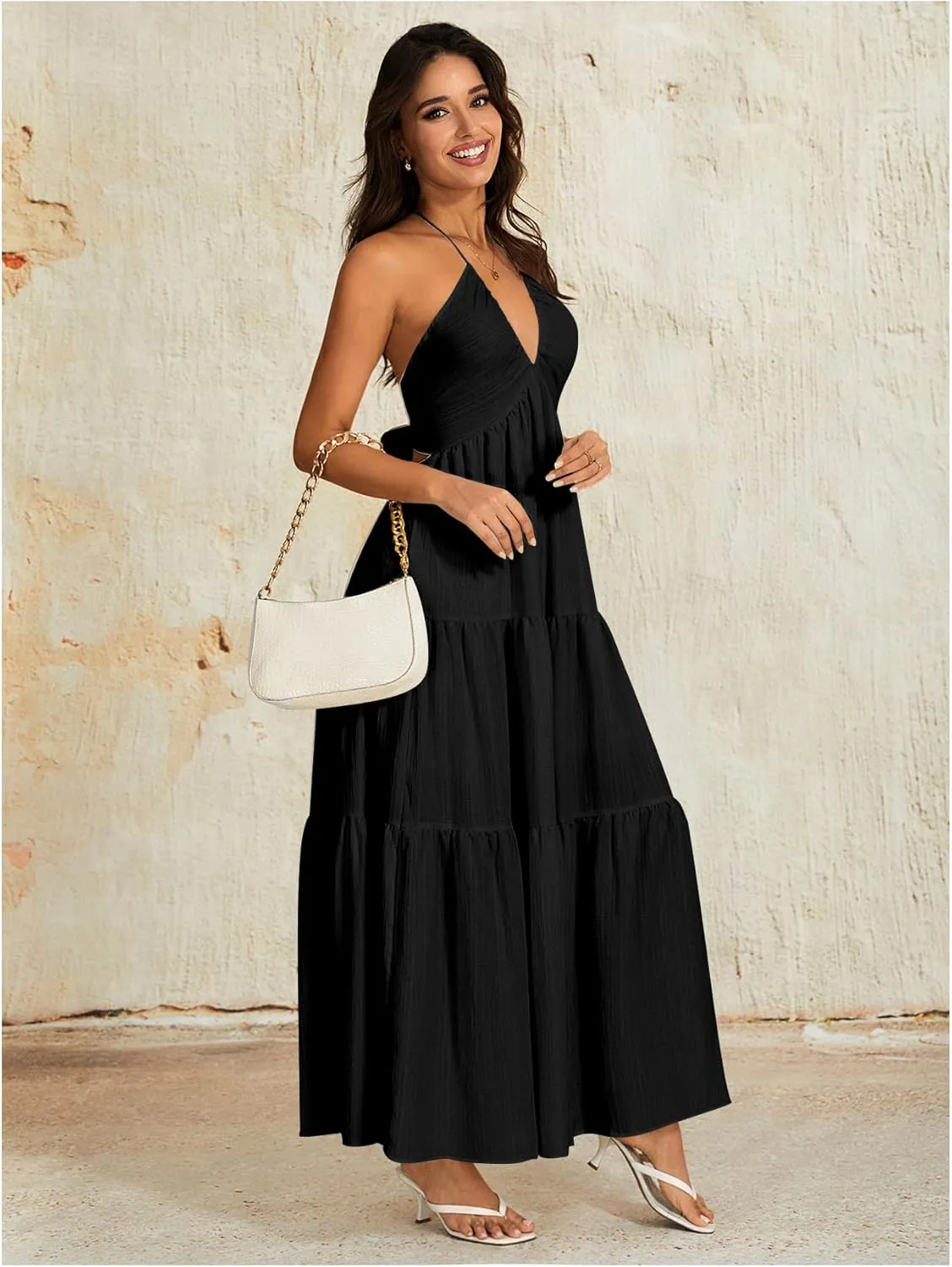 OYOANGLE Women's V Neck Tie Backless Halter Dress Ruched Flowy Vacation Maxi Dresses