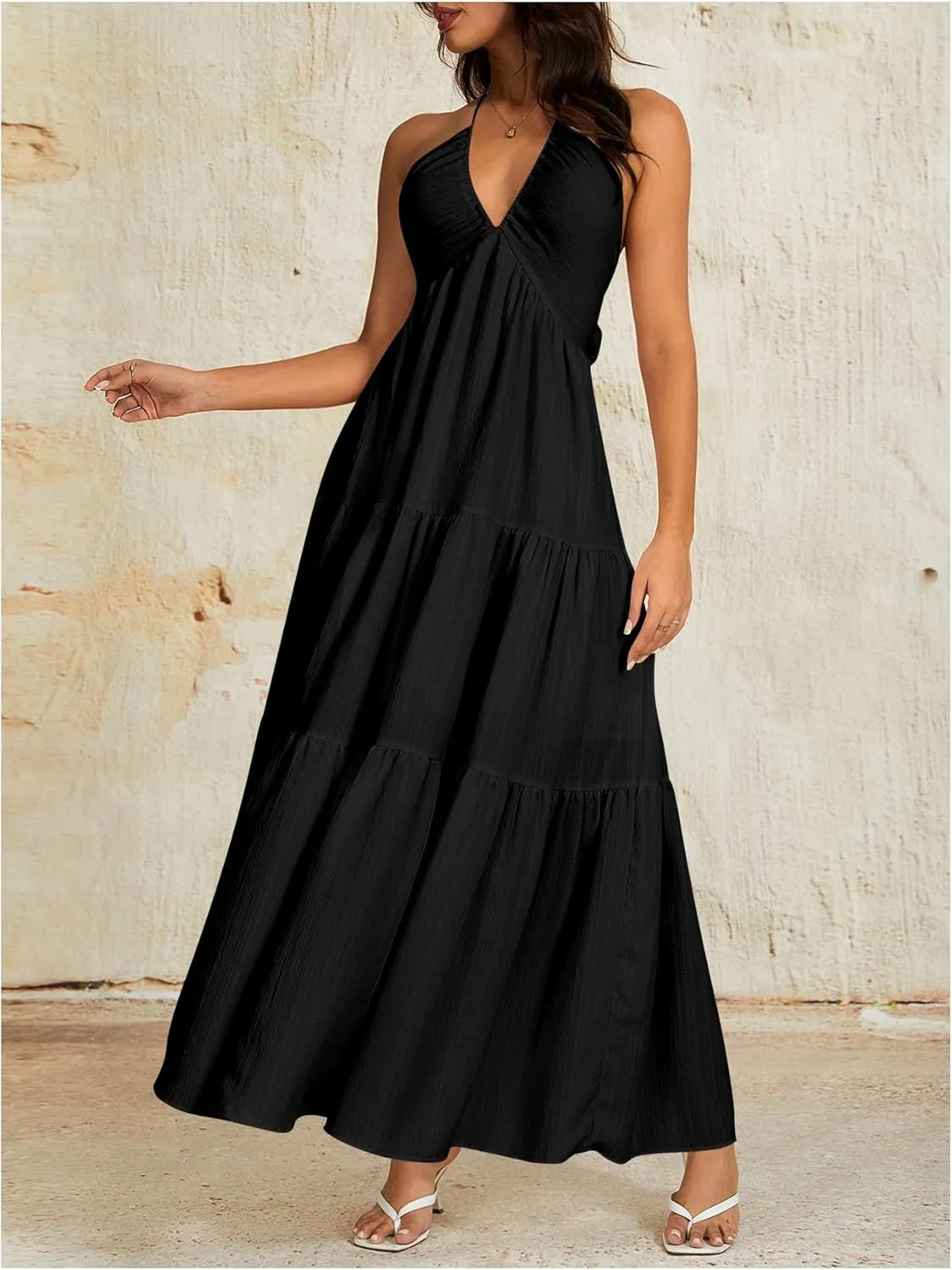 OYOANGLE Women's V Neck Tie Backless Halter Dress Ruched Flowy Vacation Maxi Dresses