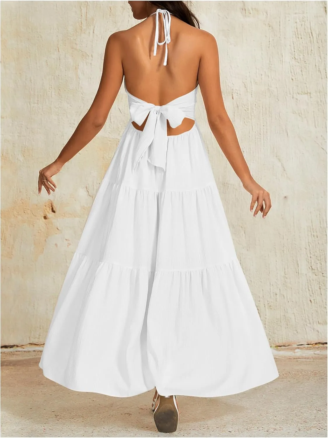 OYOANGLE Women's V Neck Tie Backless Halter Dress Ruched Flowy Vacation Maxi Dresses