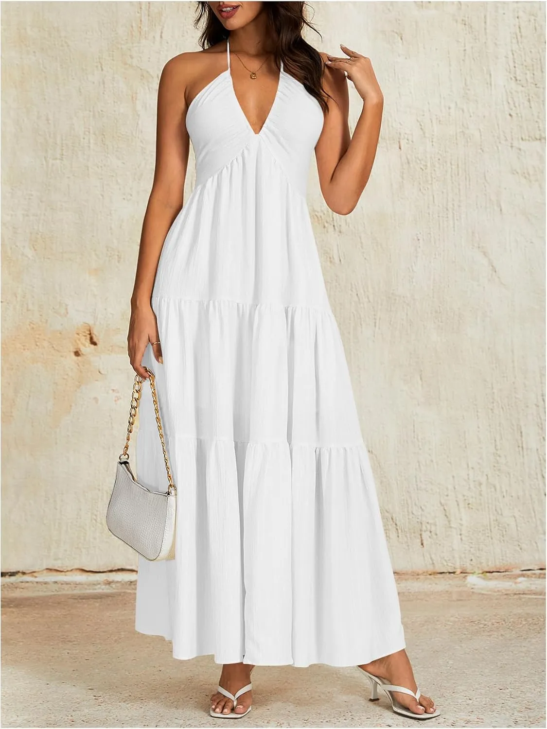 OYOANGLE Women's V Neck Tie Backless Halter Dress Ruched Flowy Vacation Maxi Dresses