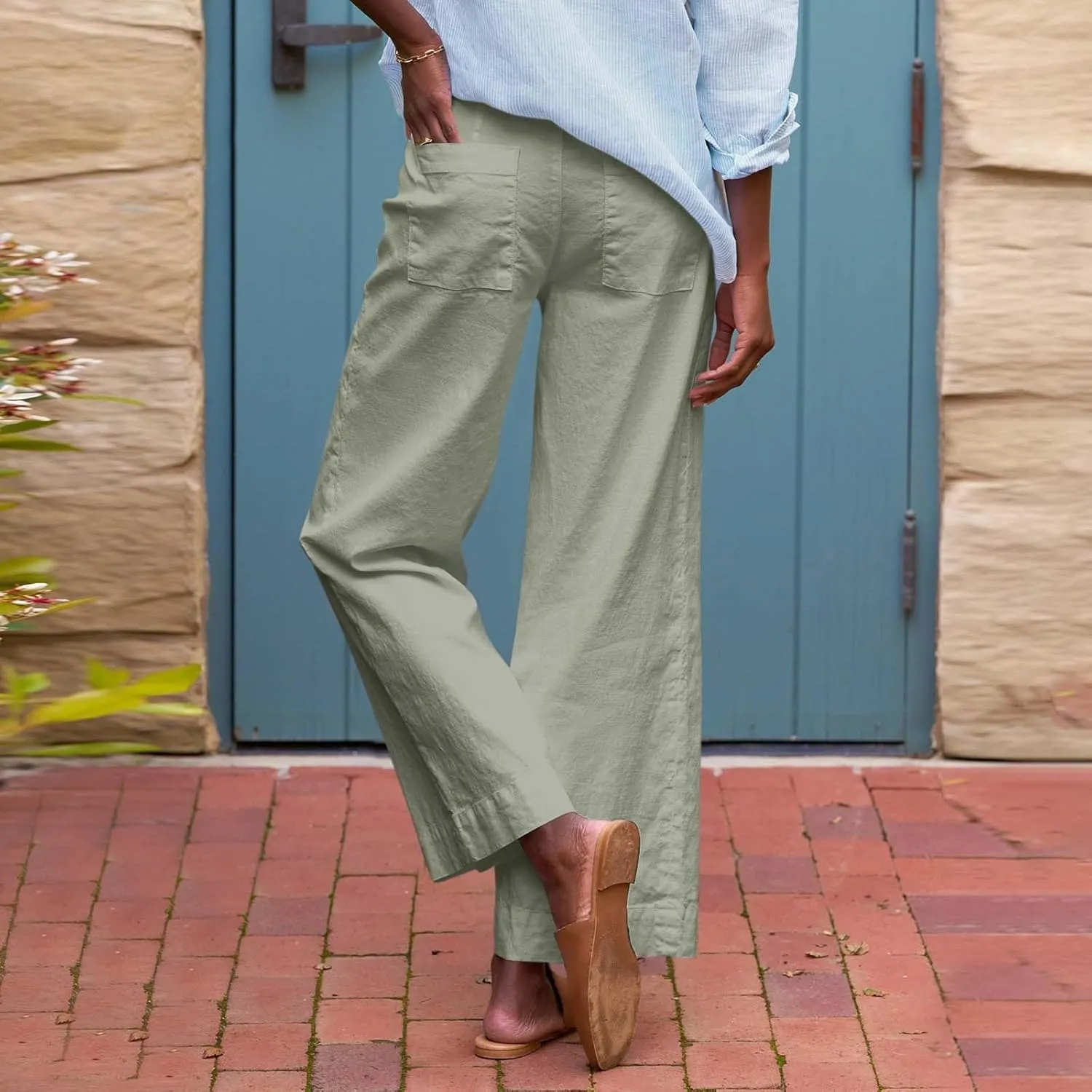 Pants for Women Trendy Casual Daily Elastic Waist Pant with Pockets Solid Color Loose Fashionable Straight Trousers