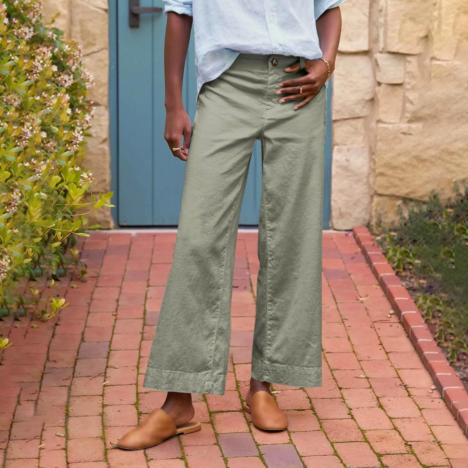 Pants for Women Trendy Casual Daily Elastic Waist Pant with Pockets Solid Color Loose Fashionable Straight Trousers