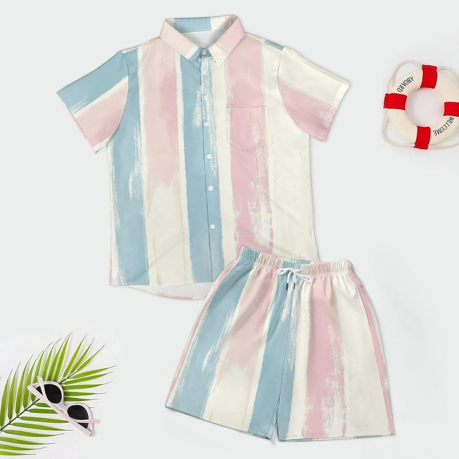 Pastel Striped PatternMen's Two-piece Casual Short-sleeved Shirt Summer Loose Vacation Suit