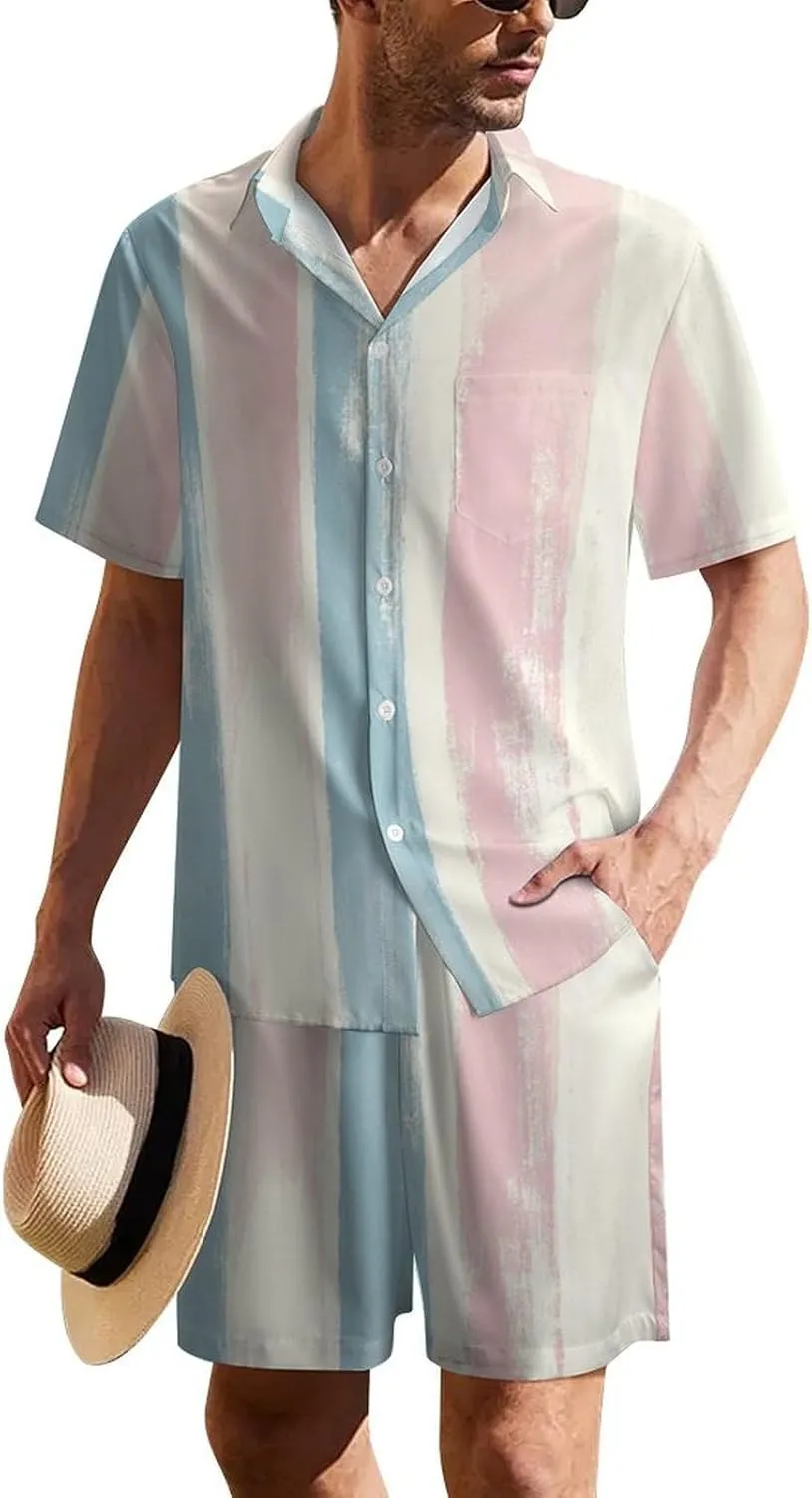 Pastel Striped PatternMen's Two-piece Casual Short-sleeved Shirt Summer Loose Vacation Suit
