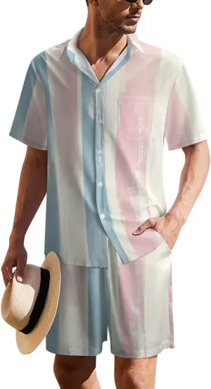 Pastel Striped PatternMen's Two-piece Casual Short-sleeved Shirt Summer Loose Vacation Suit