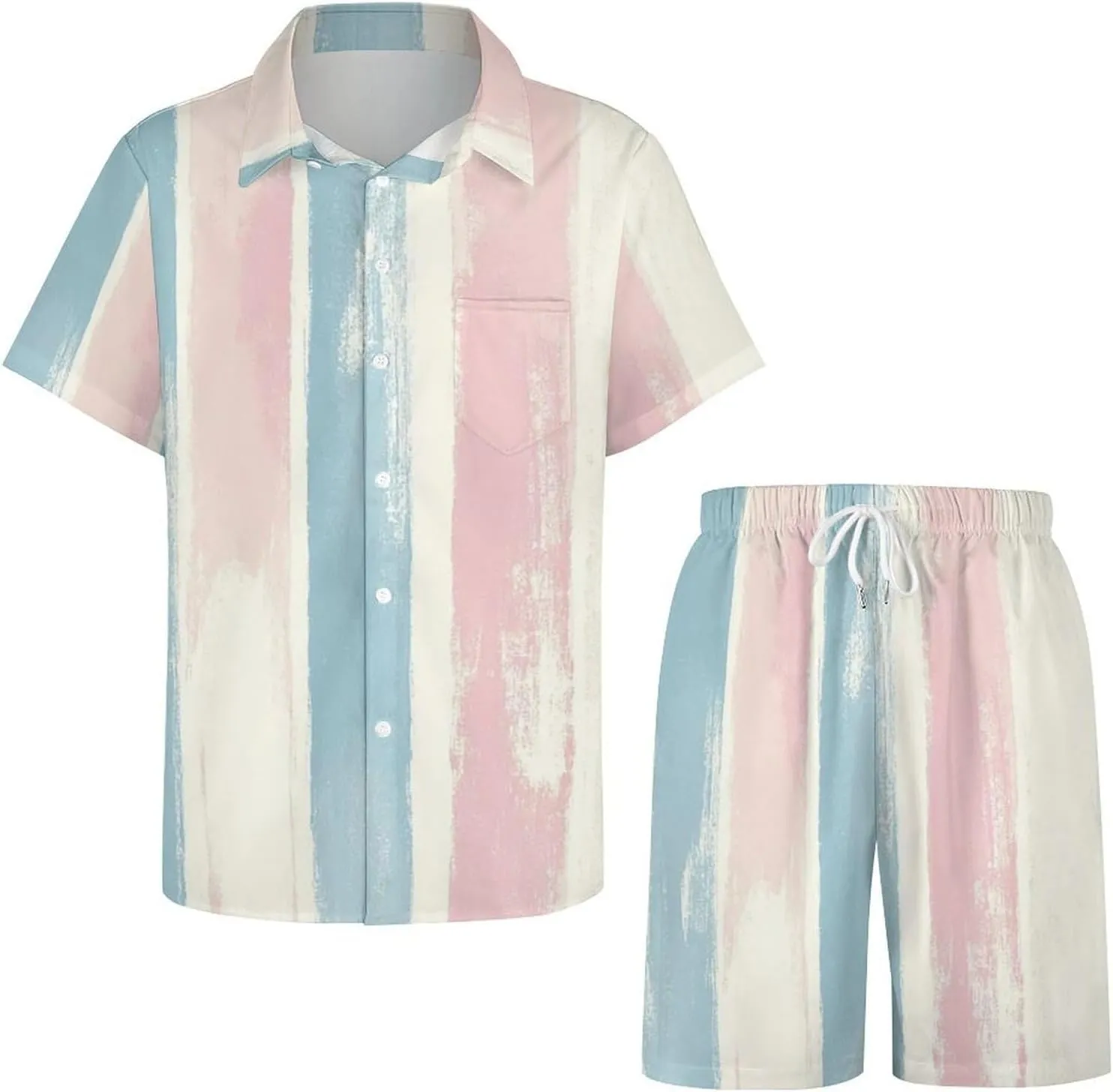Pastel Striped PatternMen's Two-piece Casual Short-sleeved Shirt Summer Loose Vacation Suit