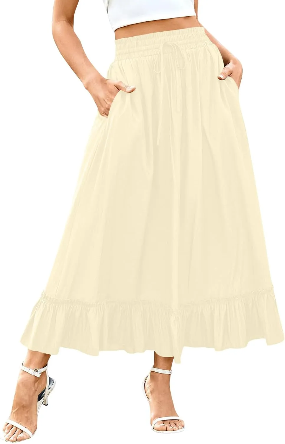 PBNBP High Waist Tiered Skirts for Women Ruffle Flowy Midi Skirts with Pockets 2025 Fashion Trendy Pleated Beach Cover Ups