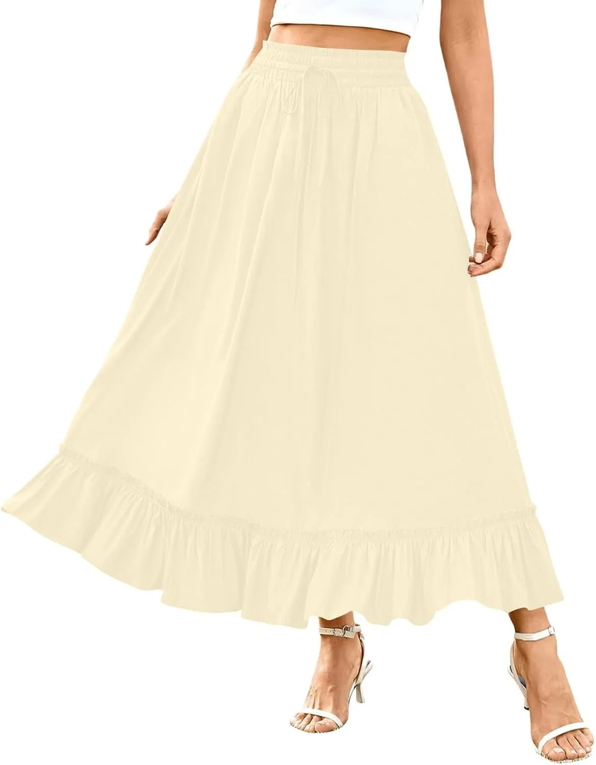 PBNBP High Waist Tiered Skirts for Women Ruffle Flowy Midi Skirts with Pockets 2025 Fashion Trendy Pleated Beach Cover Ups