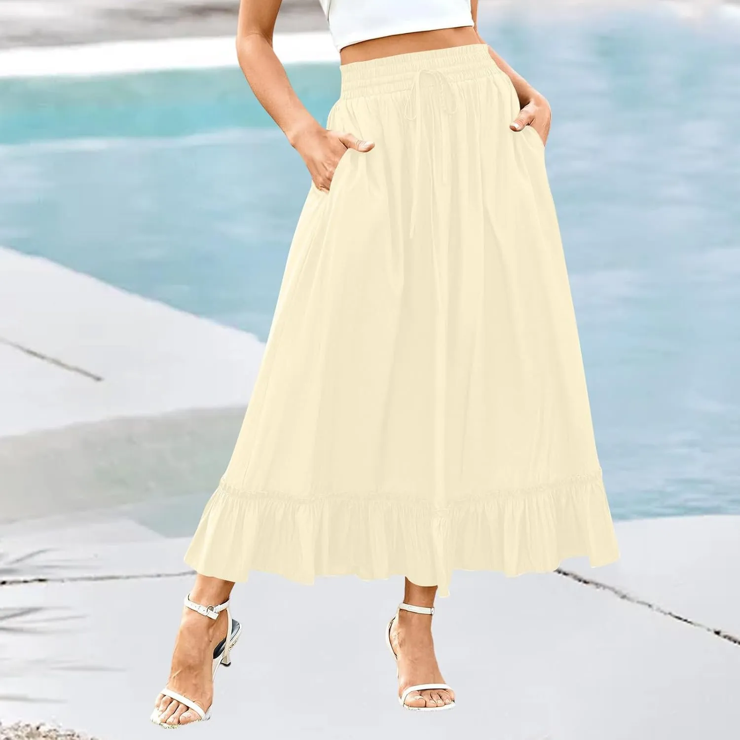 PBNBP High Waist Tiered Skirts for Women Ruffle Flowy Midi Skirts with Pockets 2025 Fashion Trendy Pleated Beach Cover Ups