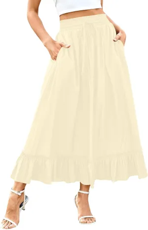 PBNBP High Waist Tiered Skirts for Women Ruffle Flowy Midi Skirts with Pockets 2025 Fashion Trendy Pleated Beach Cover Ups