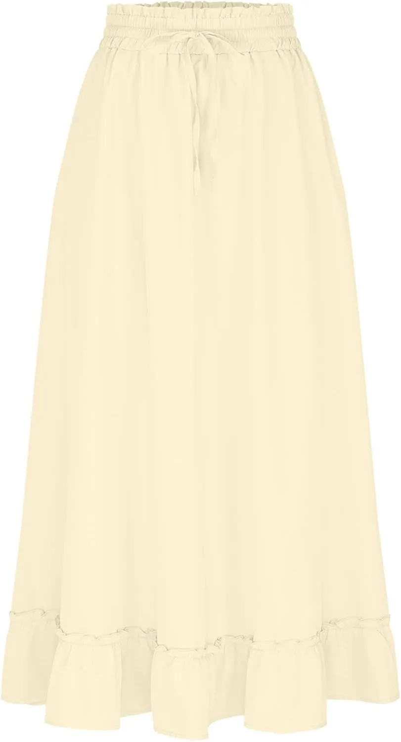 PBNBP High Waist Tiered Skirts for Women Ruffle Flowy Midi Skirts with Pockets 2025 Fashion Trendy Pleated Beach Cover Ups