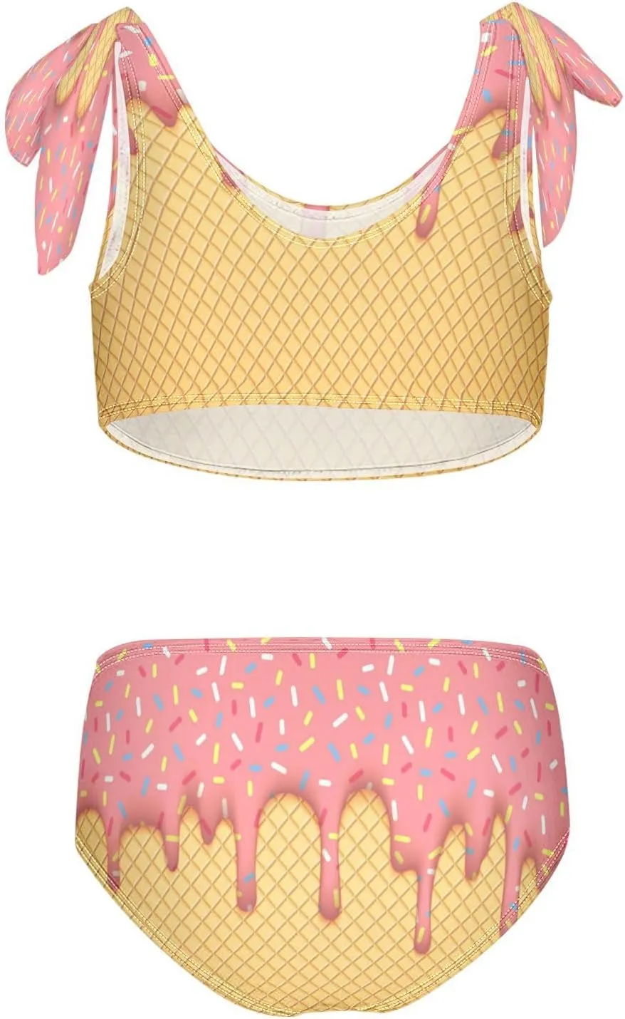 Pink Ice Cream Cone Dripping Glaze Girls Tankini Swimsuit Kids Bikini Sets 2 Pcs Bathing Suit for 3T
